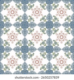Elegant vintage seamless pattern featuring blue floral motifs with ornamental leaves and soft pink flower accents. Perfect for wallpaper, textile design, packaging, and decorative backgrounds. 