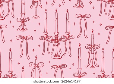 Elegante vintage padrão sem emenda com candelabras desenhados à mão e velas com arcos. Contorno de fundo vetorial para feriado, casamento, aniversário, etc.