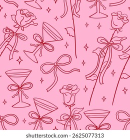 Elegant vintage seamless pattern with hand drawn romantic elements. Roses branches with bows and cocktail glasses. Vector outline background