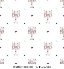 Elegant vintage seamless pattern with hand-drawn candelabra, antique candles with beads, pearls, and hearts. Red icons on a white background. Vector background for holidays, Valentines Day, weddings