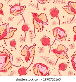 Elegant and vintage seamless pattern print with opium poppies. Repeat background with pink flowers and weeds. Floral feminine texture with papaver somniferum plants and roses.