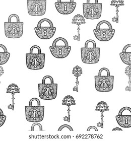 Elegant vintage Seamless pattern with silver antique keys and lock