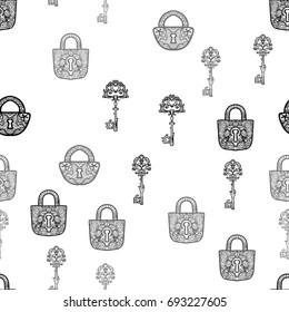 Elegant vintage Seamless pattern with silver antique keys and lock