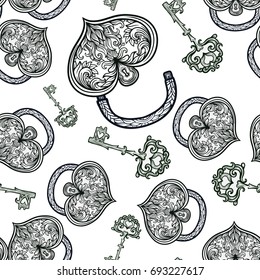 Elegant vintage Seamless pattern with silver antique keys and lock
