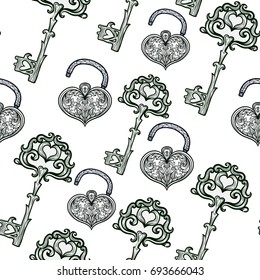 Elegant vintage Seamless pattern with silver antique keys and lock