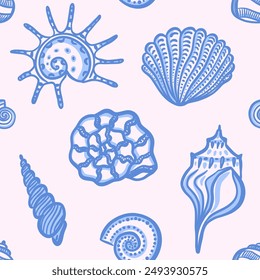 Elegant vintage seamless vector pattern of blue abstract seashells in hand drawn style. Summer-themed beach designs and coastal decorations