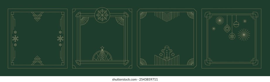 Elegant vintage set of New year, Christmas gold art deco frames. Geometric linear design with Christmas tree, baubles, snowflakes linear ornament, border. Vector illustration.