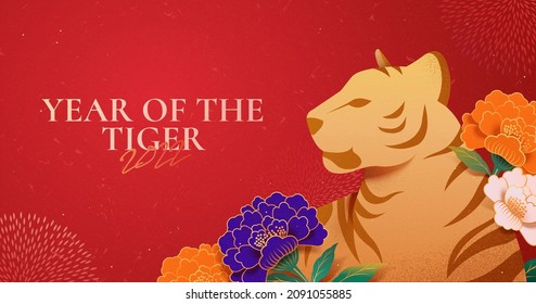 Elegant vintage spring festival banner template with tiger and peony flowers. Concept of 2022 CNY zodiac animal sign
