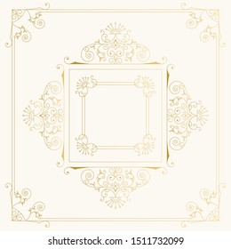 Elegant vintage squared frame with golden borders and corners. Wedding invite template. Vector isolated illustration.