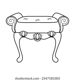Elegante Ilustración vectorial de contorno de taburete Antiguas. Una detallada Ilustración vectorial en blanco y negro de un taburete vintage adornado.