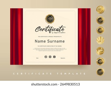 Elegante vintage modelo de certificado estilo com cortina vermelha e fundo de linha suave perfeito para reconhecimento de prêmio ou conclusão de curso