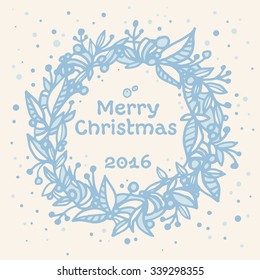 Elegant vintage style christmas card with blue hand-drawn wreath. Retro invitation