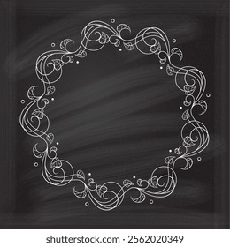 An Elegant vintage style floral wreath on a chalkboard background, perfect for a variety of invitations, cards, or decorative purposes