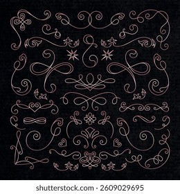 Elegant vintage swirl patterns on a dark background. Swirl designs, vintage motifs, and decorative elements create a classic, ornate look. Perfect for vintage themes. Hand drawn ornament vector set.