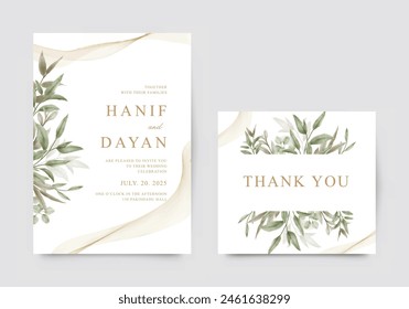 Elegant vintage template wedding invitation card with green leaves