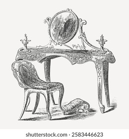 Elegant vintage vanity table with an ornate mirror, luxurious chair, and intricate carvings. Hand-drawn antique furniture illustration, perfect for classical interior, Victorian decor, and historical