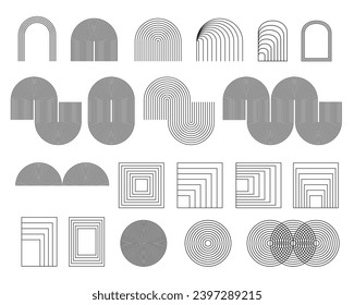 Elegant vintage vector abstract shapes. Arch, wave, square, circle. Emblem, symbol, frame. Isolated on the background. Unique  thin line style decoration for logo or brand.