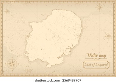 Elegant vintage vector map East of England with ornate borders and antique aesthetics. Perfect for historical, decorative, or design projects!