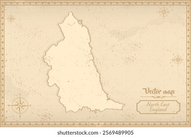 Elegant vintage vector map of North East England with ornate borders and antique aesthetics. Perfect for historical, decorative, or design projects!