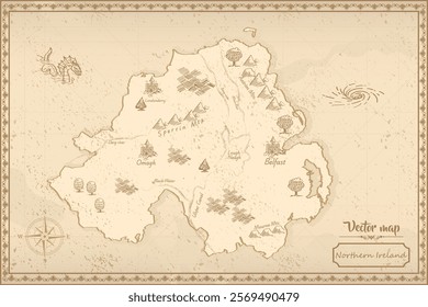 Elegant vintage vector map of Northern Ireland with ornate borders and antique aesthetics. Perfect for historical, decorative, or design projects!