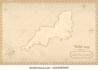 Elegant vintage vector map of South West England with ornate borders and antique aesthetics. Perfect for historical, decorative, or design projects!