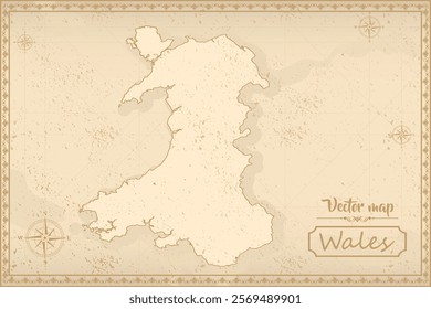 Elegant vintage vector map of Wales with ornate borders and antique aesthetics. Perfect for historical, decorative, or design projects!