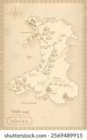 Elegant vintage vector map of Wales with ornate borders and antique aesthetics. Perfect for historical, decorative, or design projects!