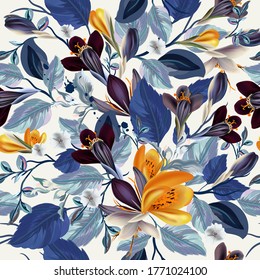 Elegant vintage vector seamless floral pattern with crocus flowers and blue leaves