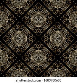 Elegant vintage vector seamless pattern. Ornamental black and gold background. Floral repeat backdrop. Line art tracery flowers, leaves, abstract shapes. Symmetrical decorative luxury design.
