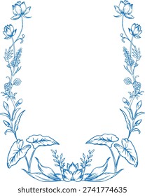 Elegant vintage vertical floral border in detailed engraving line art style. Hand drawn botanical frame with delicate flowers and leaves arranged symmetrically. Isolated on white background, perfect for wedding invitations, greeting cards, branding, packaging design, certificates, and decorative print projects.