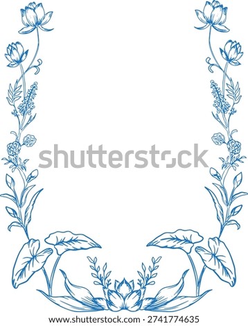 Elegant vintage vertical floral border in detailed engraving line art style. Hand drawn botanical frame with delicate flowers and leaves arranged symmetrically. Isolated on white background, perfect for wedding invitations, greeting cards, branding, packaging design, certificates, and decorative print projects.