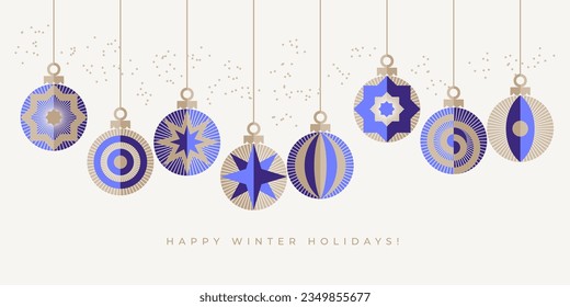 Elegante traje de Navidad de estilo vintage con adornos decorativos de bola. Cabecera de navidad azul geométrica nocturna. Patrón vectorial para postal, tarjeta, afiche, cabecera, saludos navideños.