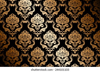 Elegant vintage wallpaper gold color on black, seamless background