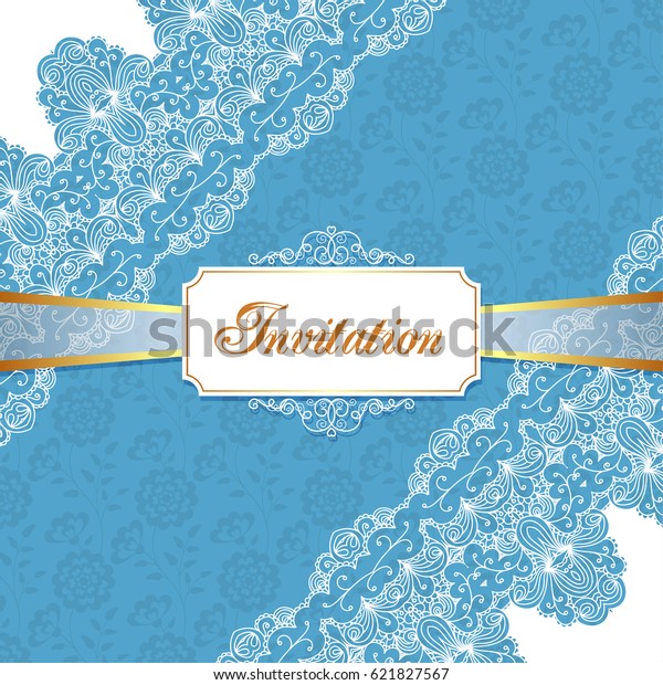 Elegant vintage wedding or birthday
invitation template with lace corners. Vector
Illustration.