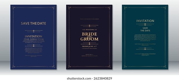 Elegante vintage convite de casamento cartão definido na marinha e ouro