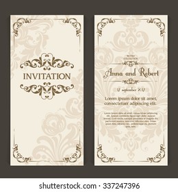 Elegant vintage wedding invitation design. Vector set of vertical banners with ornamental frame and patterned background. Greeting Card, packaging, banner, poster template