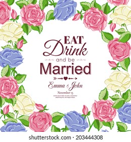 Elegant vintage wedding invitation with hand drawn colorful roses. Vector illustration.