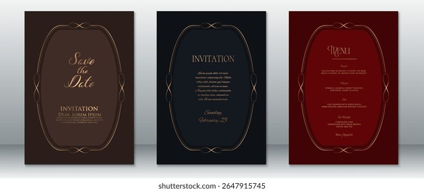 Elegant vintage wedding invitation and menu card templates with golden curved borders on dark brown, navy blue, and burgundy backgrounds. Perfect for formal, luxury, and classic wedding events.