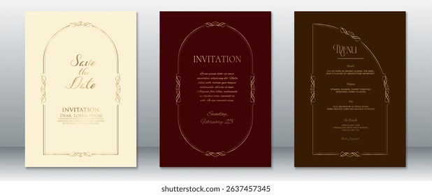 Elegant vintage wedding invitation set with golden ornamental frame. Includes Save the Date, menu, and formal invitation in cream, burgundy, and brown tones.
