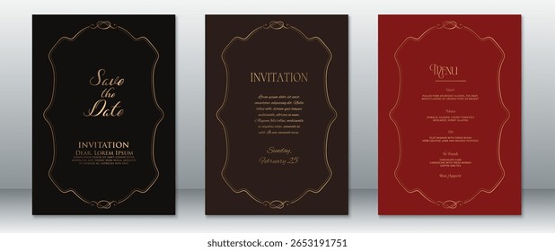 Elegant vintage wedding invitation templates featuring curved baroque-style frames and gold accents. Includes Save the Date, Invitation, and Menu designs in black, brown, and burgundy.