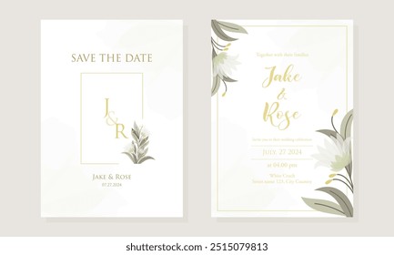 Elegant Vintage Wedding Set Invitation Card Template with Greenery Leaves and Flowers Vector.