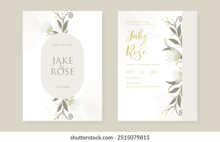 Elegant Vintage Wedding Set Invitation Card Template with Greenery Leaves and Flowers Vector.