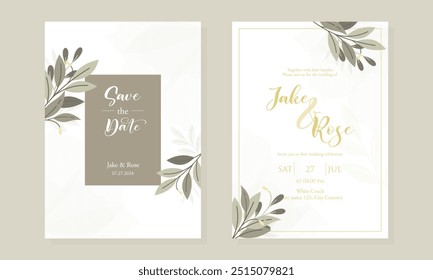Elegant Vintage Wedding Set Invitation Card Template with Greenery Leaves and Flowers Vector.