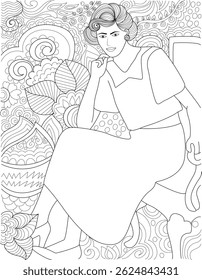 Elegant Vintage Woman Coloring Page, Black and white line art illustration of a stylish woman in vintage fashion, sitting against a decorative background. Ideal for adult coloring books, design