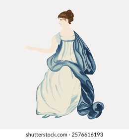 Elegant vintage woman in a flowing dress, vintage style with a flowing dress, capturing elegance. A classic, elegant vintage depiction with a flowing dress. Vintage woman illustration isolated, vector