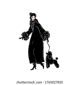 Elegant vintage woman in fur coat walking with dog. Woman dressed in victorian old fashioned style clothes. Lady of 19th century.