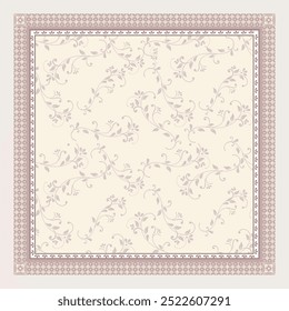 Elegantes vintage-inspiriertes Blumenmuster in gedämpften Tönen von Beige und Weichgrau mit zarten Reben und Blättern. Umrahmt mit einem detaillierten Rahmen, ideal für Textilien, Tapeten oder dekorative Drucke.