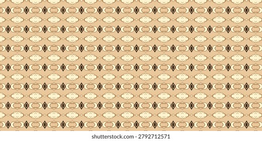 Elegant vintage-inspired seamless pattern featuring ornamental cloud motifs, geometric diamonds, and decorative flourishes in warm beige tones.