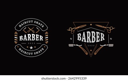 Elegant vintage-style barber shop logos featuring scissors, razors, and clippers in gold and white on a black background. Ideal for upscale grooming brand identity and barbershop branding