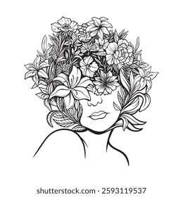 Elegant vintage-style black and white vector illustration of a woman with flowers adorning her head, symbolizing beauty and nature. Perfect for prints, tattoos, and decorative designs.